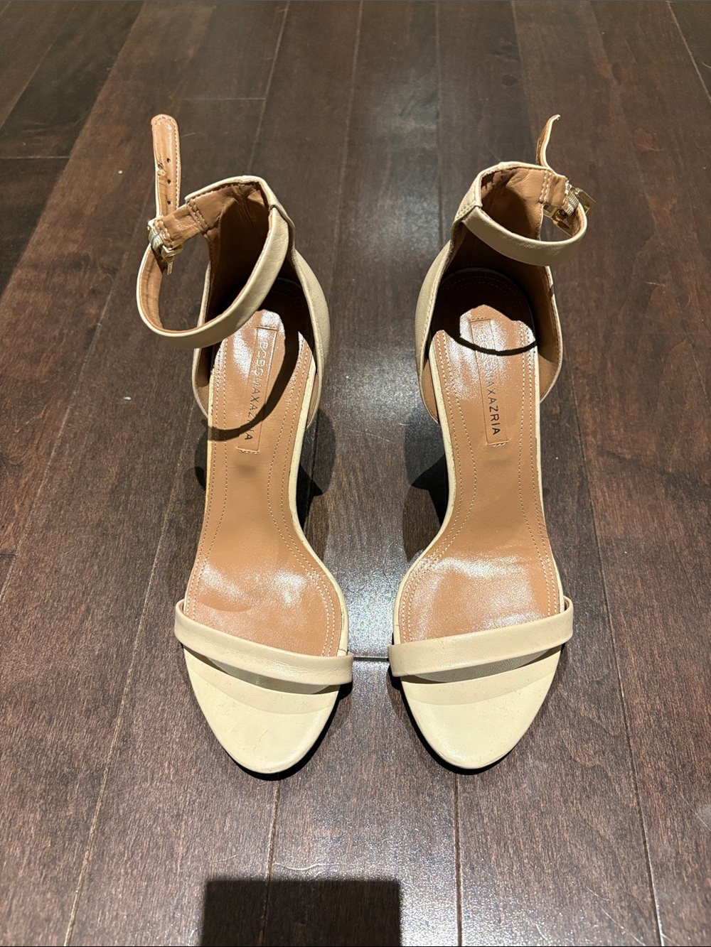 BCBGMaxAzria Beige Ankle-Strap Open-Toe Heels
